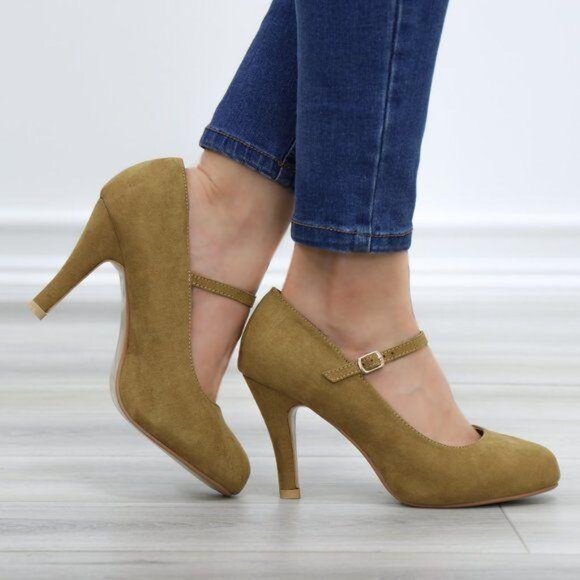 Tan Faux Suede Mary Jane Heels Rounded Toe Strap Buckle Classic Pumps - Picture 10 of 11